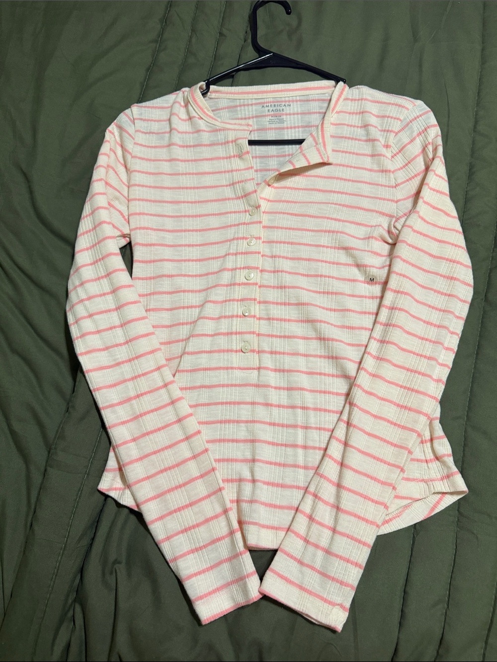 American Eagle Cream Top with Pink Stripes Henley